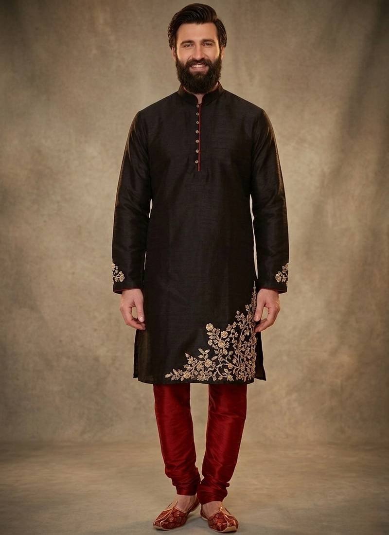 Black dupion silk embroidered kurta set