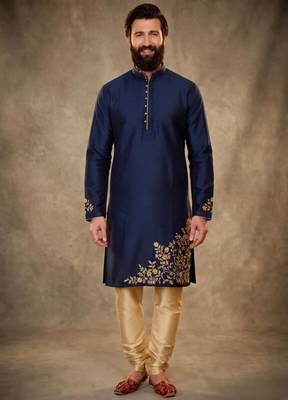 Blue dupion silk embroidered kurta set 1