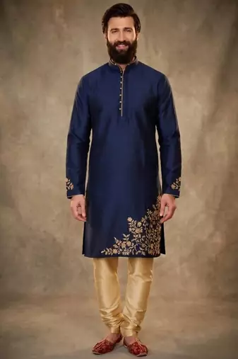 Blue dupion silk embroidered kurta set