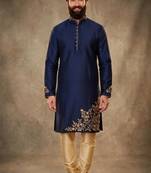 Blue dupion silk embroidered kurta set