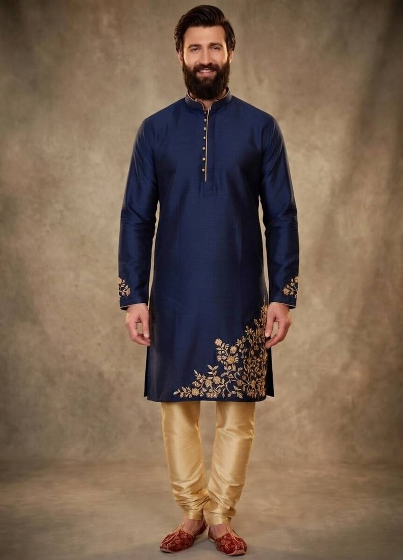 Blue dupion silk embroidered kurta set