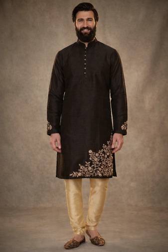 Black dupion silk embroidered kurta set