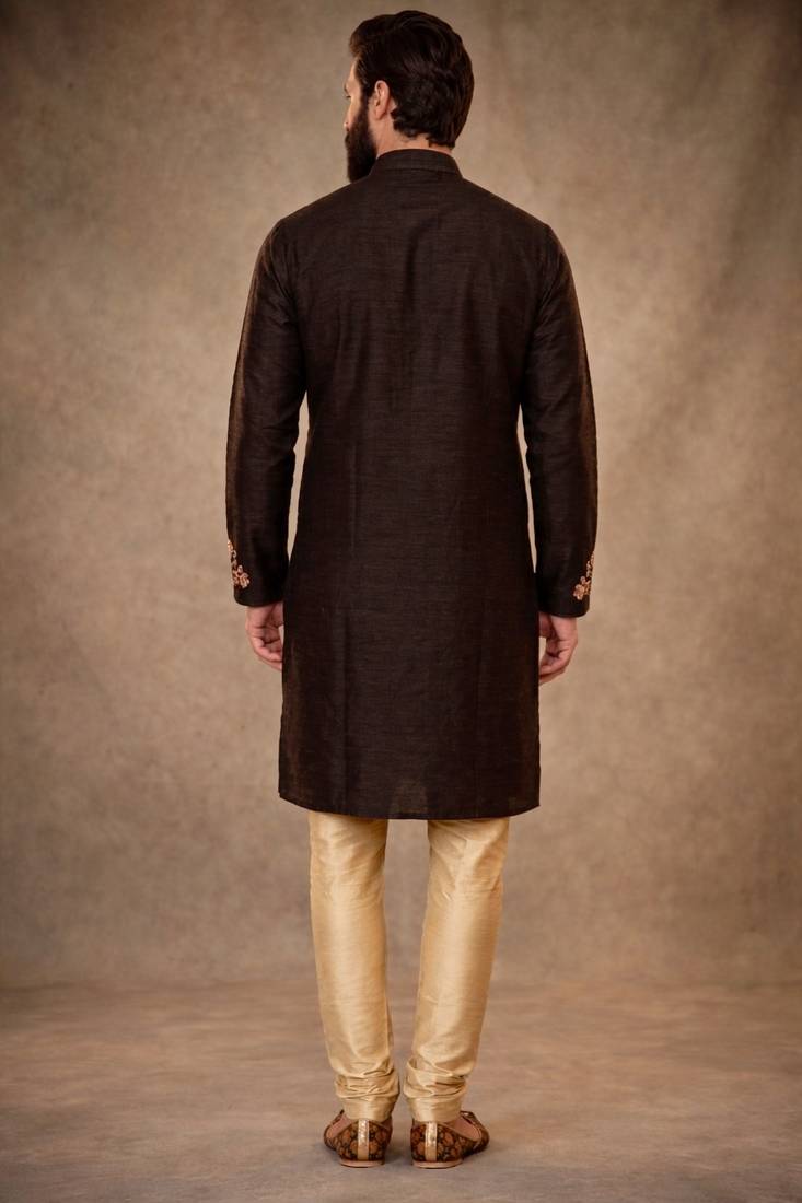 Black dupion silk embroidered kurta set