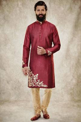 Maroon dupion silk embroidered kurta set 1