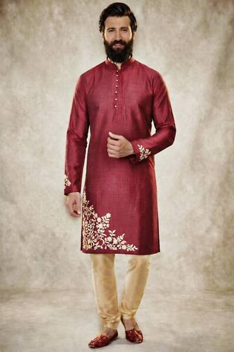 Maroon dupion silk embroidered kurta set
