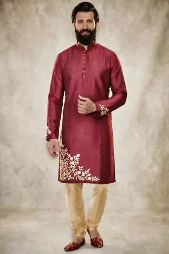 Maroon dupion silk embroidered kurta set