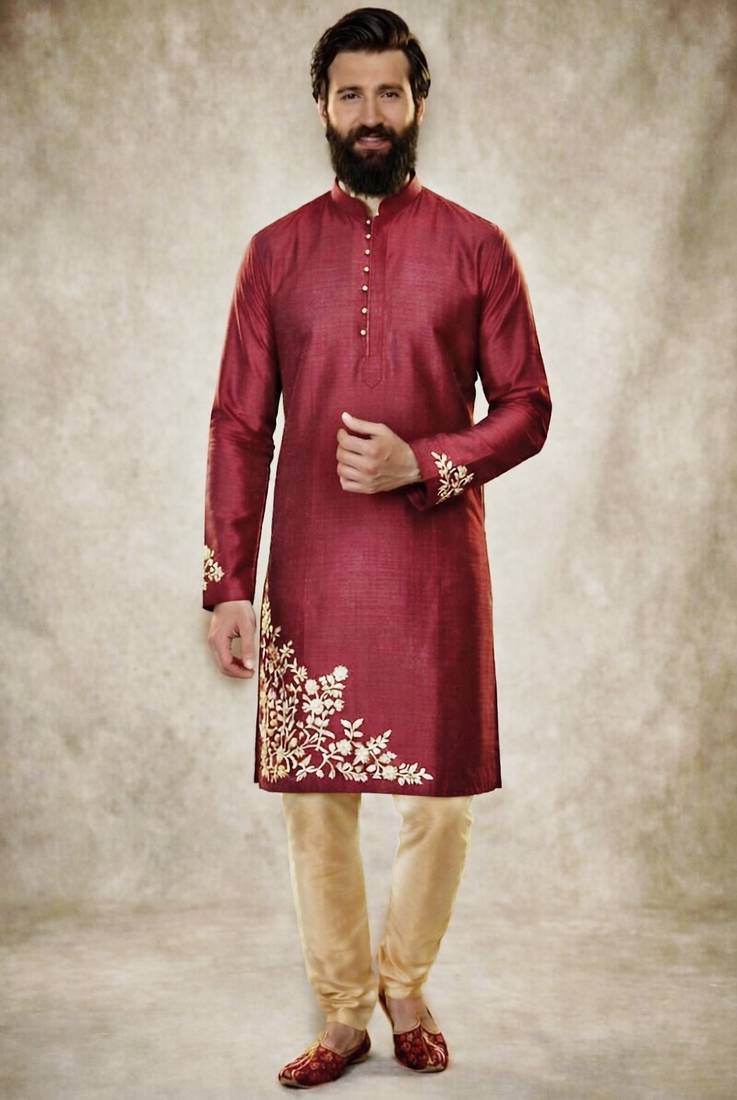 Maroon dupion silk embroidered kurta set
