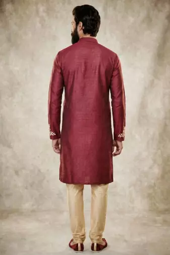 Maroon dupion silk embroidered kurta set