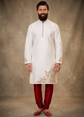 White dupion silk embroidered kurta set 1