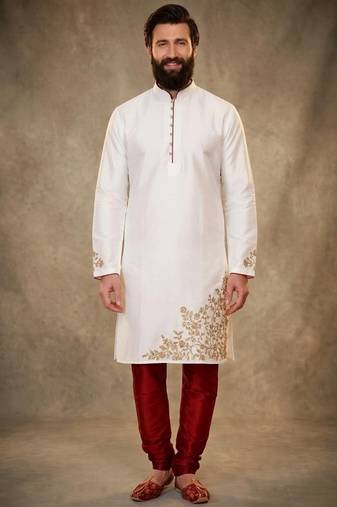 White dupion silk embroidered kurta set
