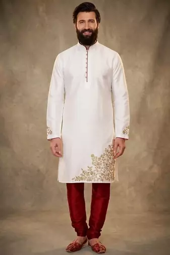 White dupion silk embroidered kurta set