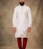 White dupion silk embroidered kurta set