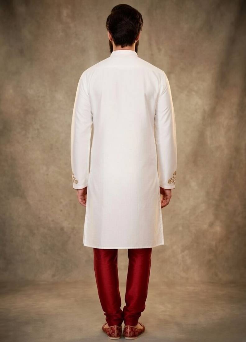 White dupion silk embroidered kurta set