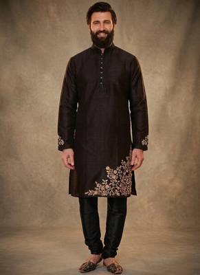Black dupion silk embroidered kurta set 1
