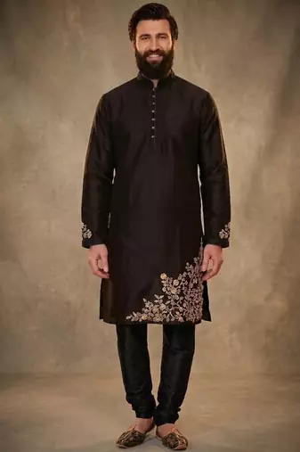 Black dupion silk embroidered kurta set
