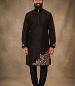 Black dupion silk embroidered kurta set