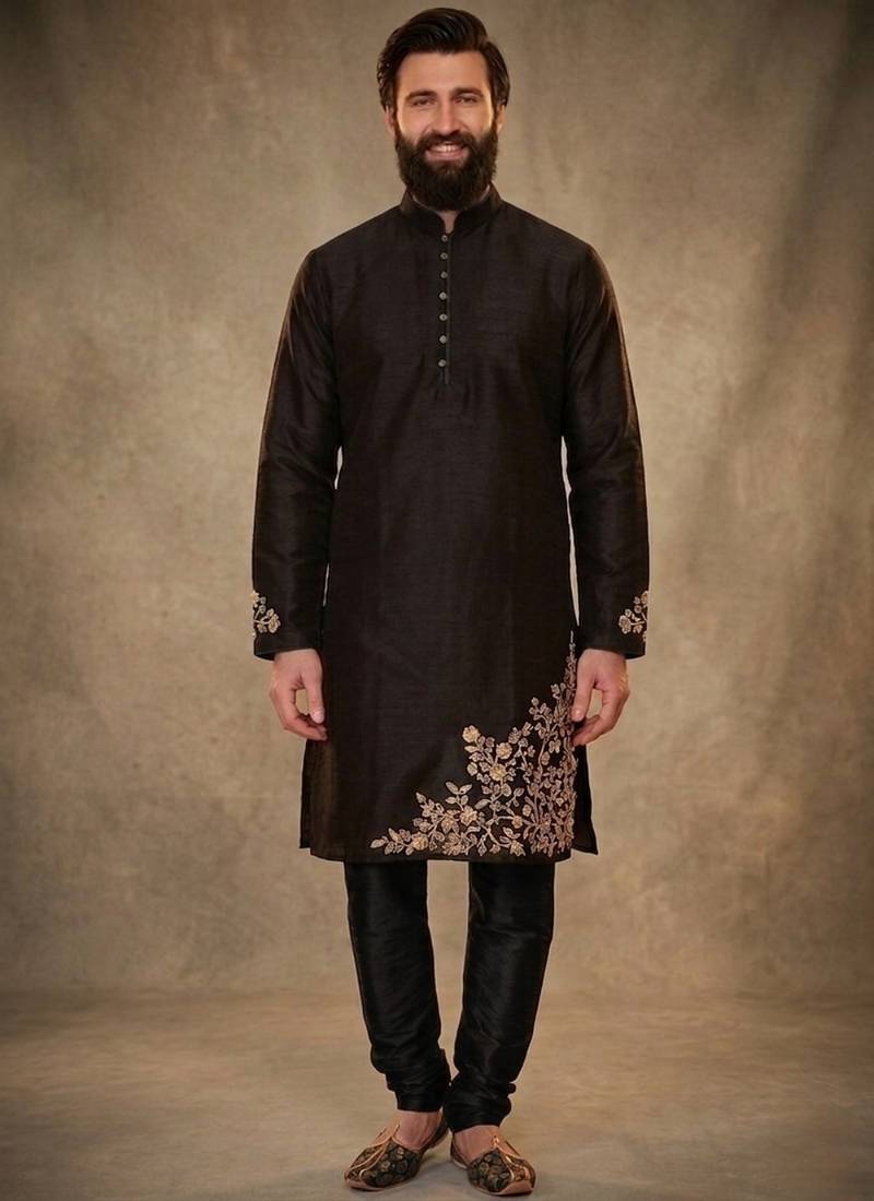 Black dupion silk embroidered kurta set