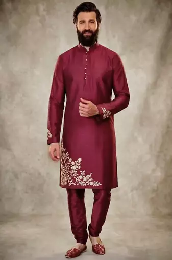 Maroon dupion silk embroidered kurta set