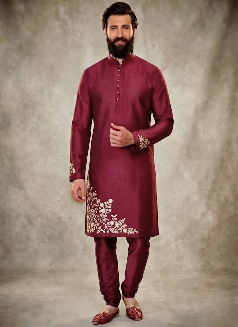 Maroon dupion silk embroidered kurta set