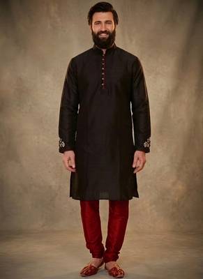 Black dupion silk embroidered kurta set 1
