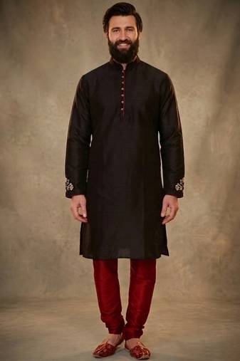 Black dupion silk embroidered kurta set