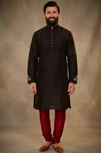 Black dupion silk embroidered kurta set