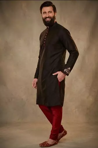Black dupion silk embroidered kurta set