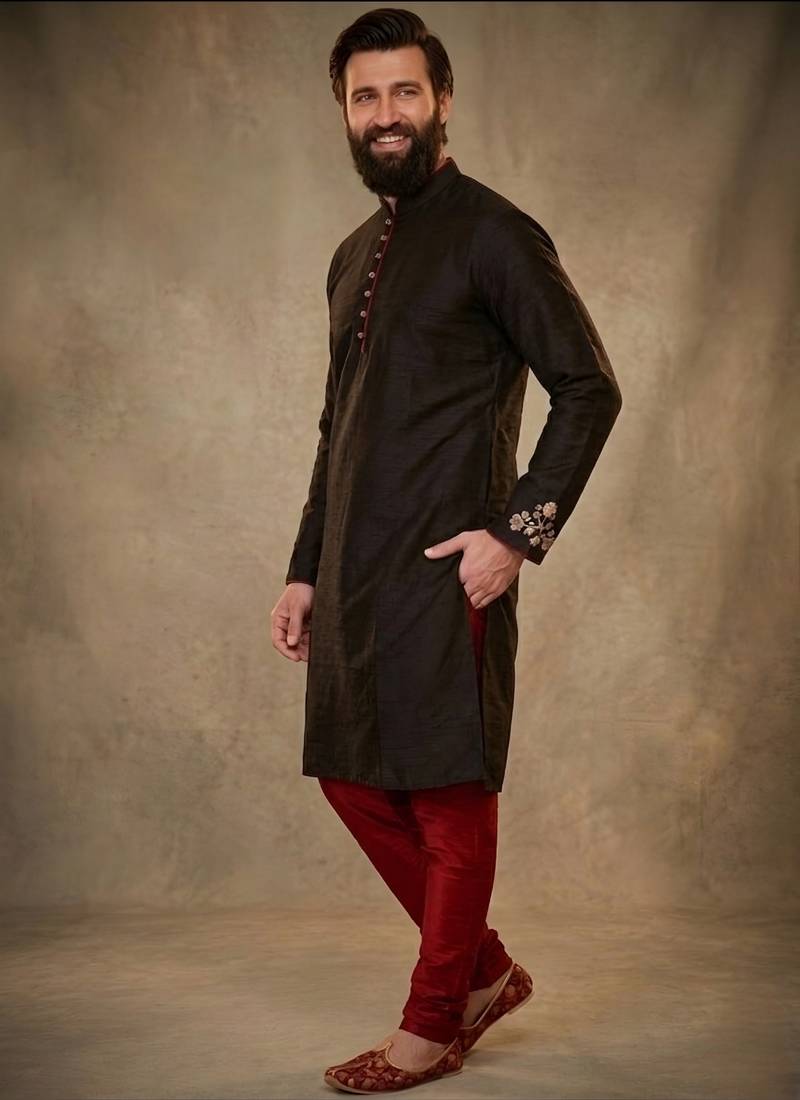 Black dupion silk embroidered kurta set