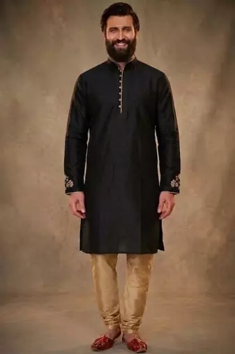 Black dupion silk embroidered kurta set