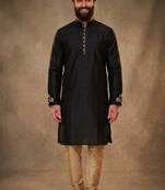 Black dupion silk embroidered kurta set