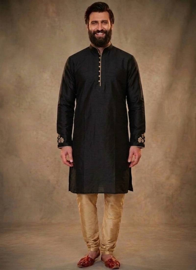 Black dupion silk embroidered kurta set