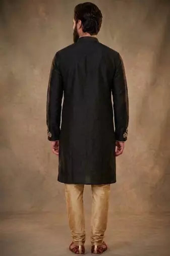 Black dupion silk embroidered kurta set