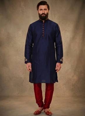 Blue dupion silk embroidered kurta set 1