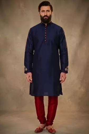 Blue dupion silk embroidered kurta set