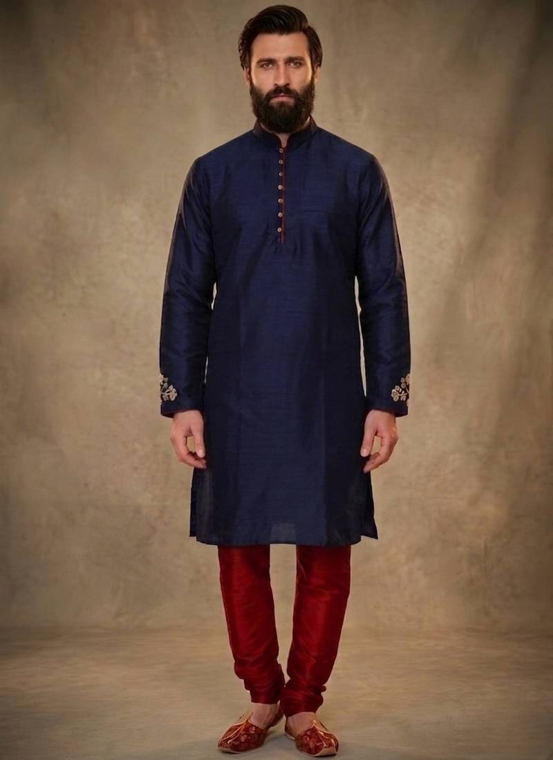 Blue dupion silk embroidered kurta set