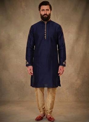 Blue dupion silk embroidered kurta set 1
