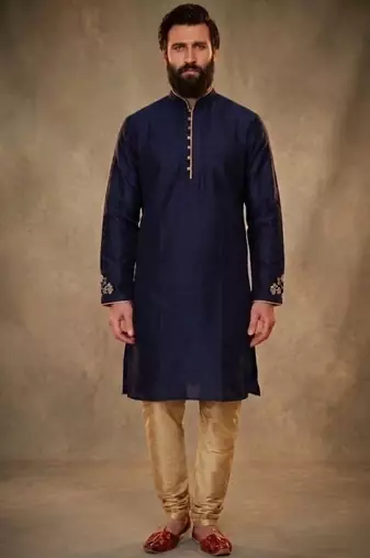 Blue dupion silk embroidered kurta set