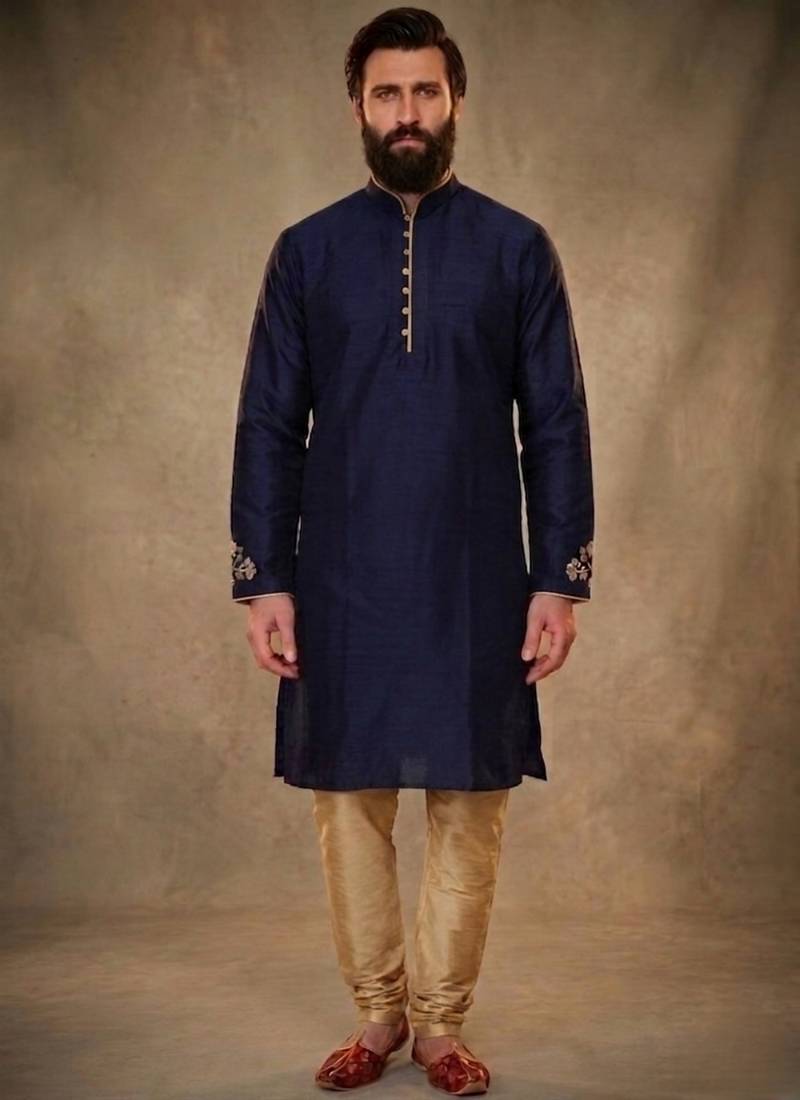 Blue dupion silk embroidered kurta set