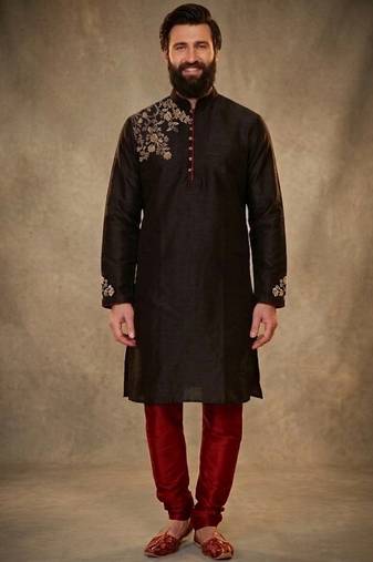 Black dupion silk embroidered kurta set