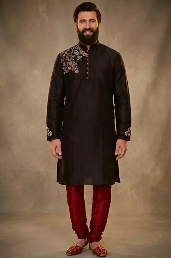 Black dupion silk embroidered kurta set