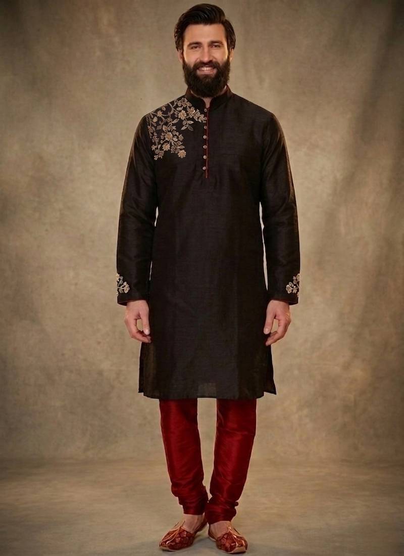 Black dupion silk embroidered kurta set