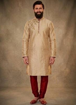 Beige dupion silk embroidered kurta set 1