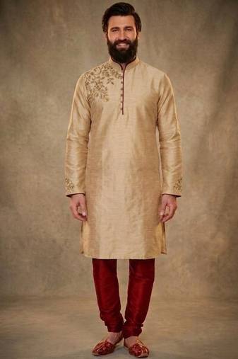 Beige dupion silk embroidered kurta set