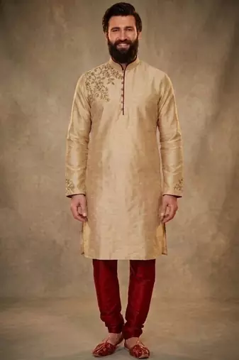 Beige dupion silk embroidered kurta set