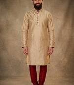 Beige dupion silk embroidered kurta set