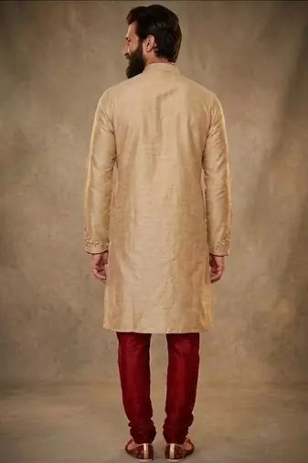 Beige dupion silk embroidered kurta set