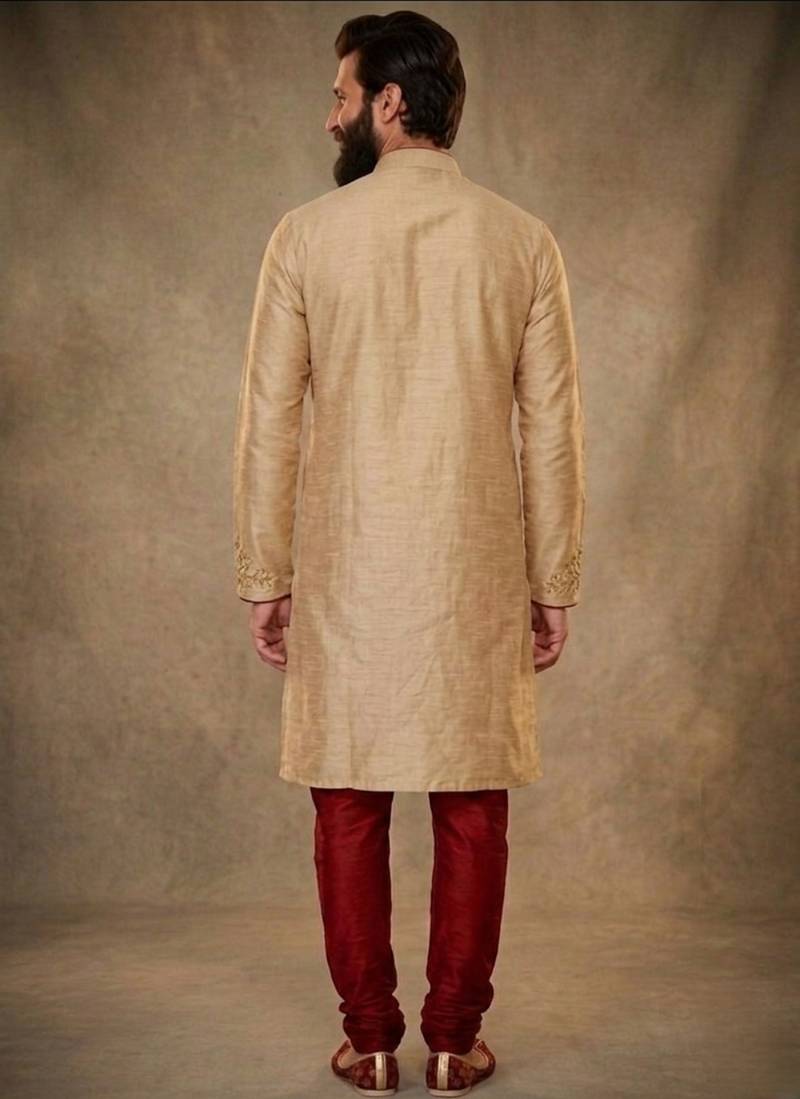 Beige dupion silk embroidered kurta set