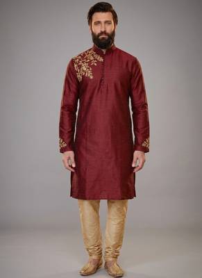 Maroon dupion silk embroidered kurta set 1