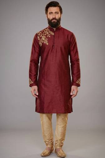 Maroon dupion silk embroidered kurta set