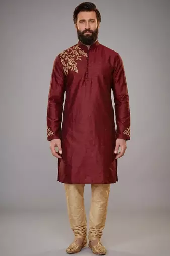 Maroon dupion silk embroidered kurta set
